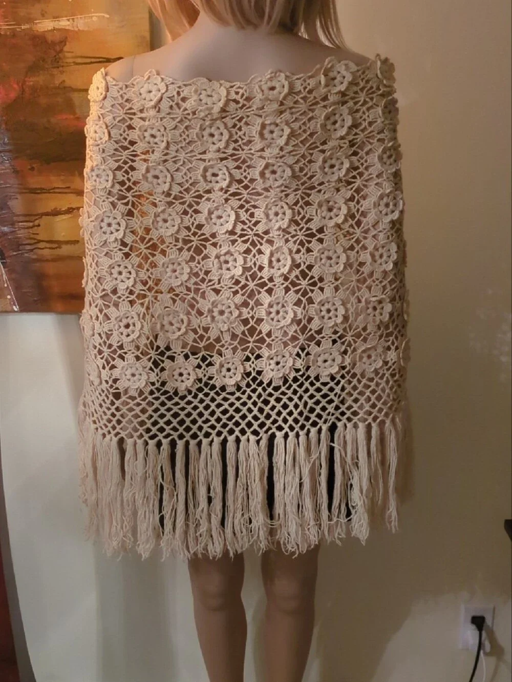 Unique Vintage Hand Made Wool Cream Crochet Fringe Shawl  - Women's Cover-Up
